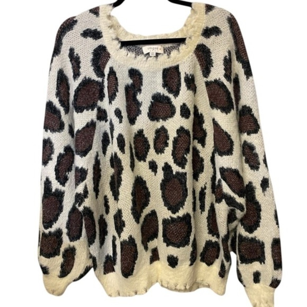Umgee 2XL Leopard Print Eyelash Knit Sweater Womens Cream Brown‎